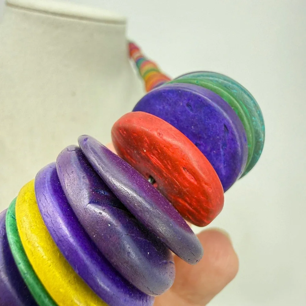 Multicolor Chunky Wood Disc‎ Bead Statement Necklace Rainbow Boho Adjustable